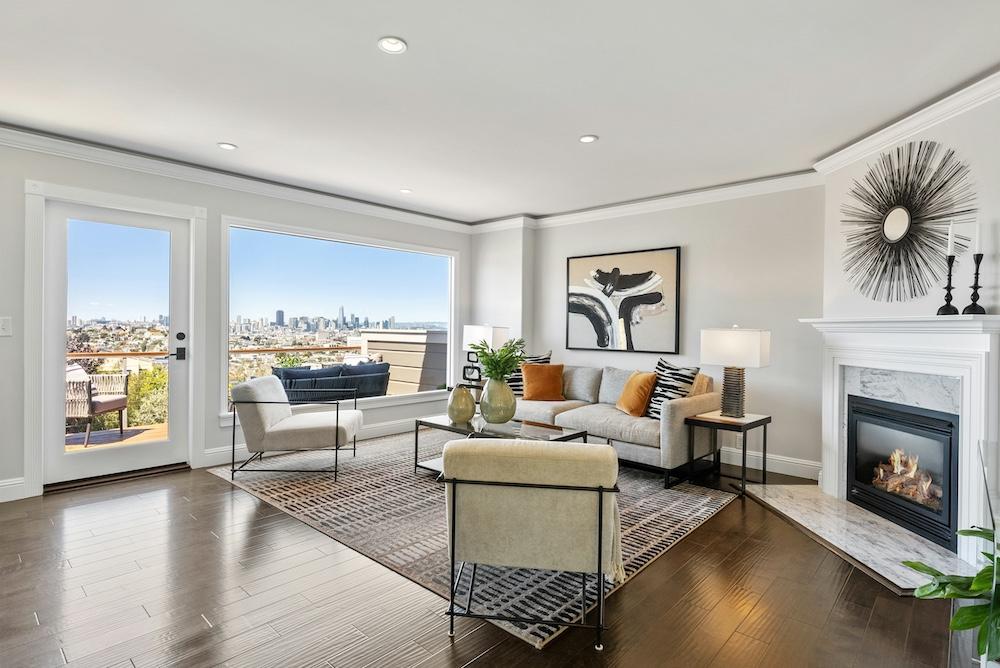 Bright real estate interior with a balanced window exposure produced by HDR merging